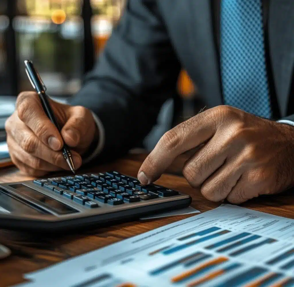 A person calculating the value of a title pawn using a calculator and paperwork